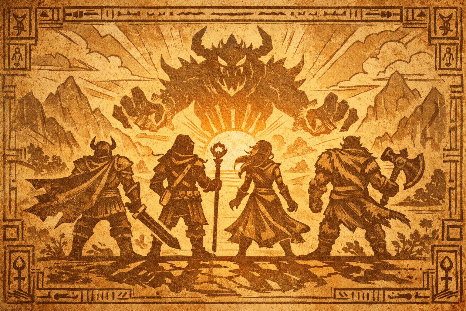 Epic fantasy illustration of adventurers facing a great challenge at dawn